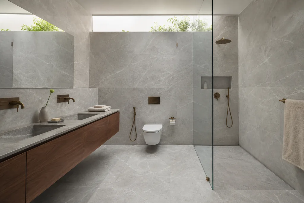 Bathroom of The Courtyard House concept — grey stone floor to ceiling, a walnut floating vanity with twin basins and wall-mounted taps, a frameless glass walk-in shower with no step, and a high clerestory slot showing planting above. A ModScale warm contemporary villa design concept, Bengaluru.