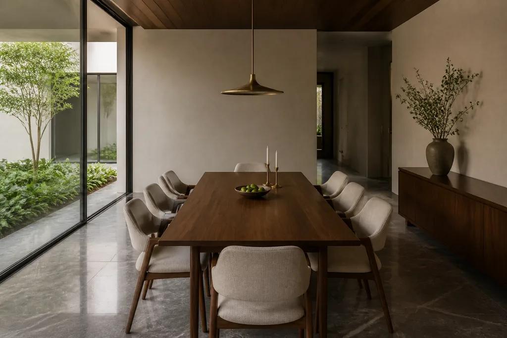 Dining room of The Courtyard House concept — a walnut table for eight with linen-upholstered chairs, a single brass pendant above, a walnut sideboard opposite and full-height glazing onto a planted courtyard. A ModScale warm contemporary villa design concept, Bengaluru.
