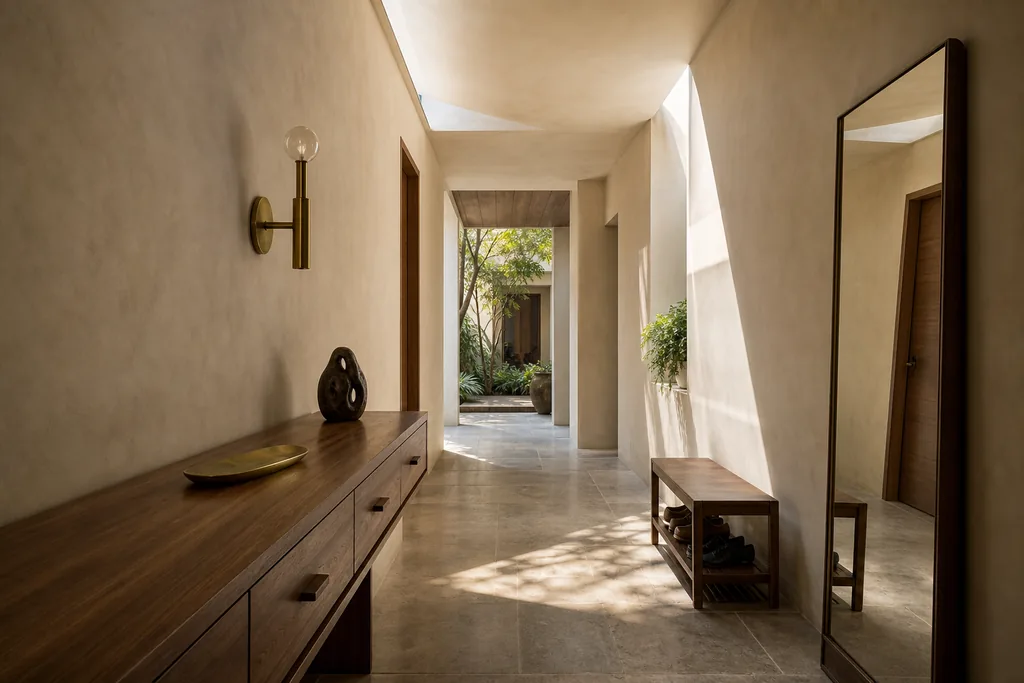 Entrance foyer and passage of The Courtyard House concept — lime plaster walls, a walnut console with drawers, a brass globe wall light, a full-height mirror and a stone floor, with daylight pooling from above and courtyard planting at the far end. A ModScale warm contemporary villa design concept, Bengaluru.