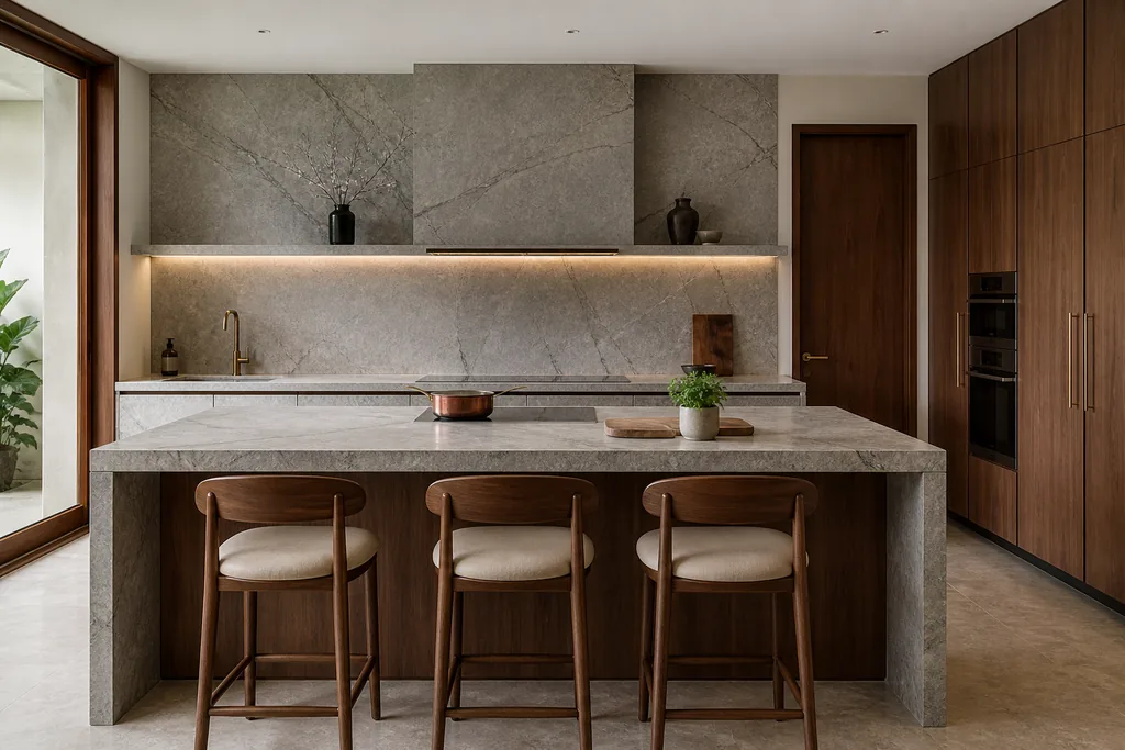 Kitchen of The Courtyard House concept — a grey stone island with three walnut counter stools, book-matched stone carried up the wall behind the hob, full-height walnut cabinetry concealing integrated appliances and a single brass tap. A ModScale warm contemporary villa design concept, Bengaluru.