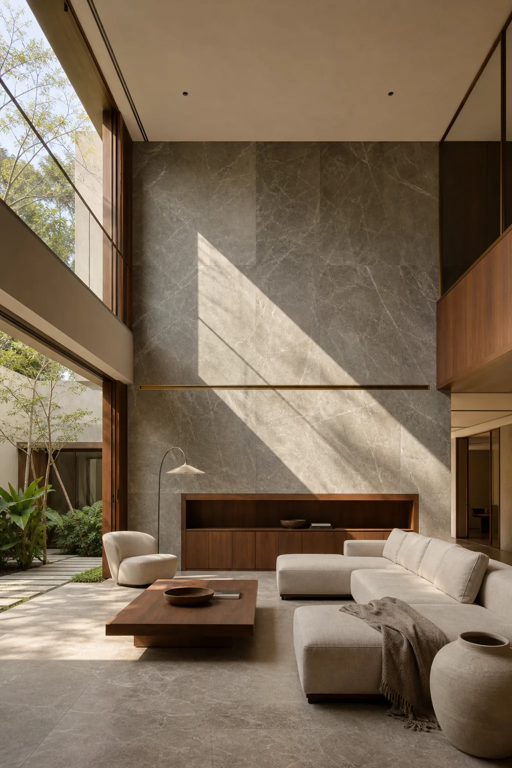Double-height living room of The Courtyard House concept — a full-height grey-veined stone wall crossed by afternoon sunlight, a low walnut media console, cream linen seating and a walnut coffee table, with courtyard planting visible through glazing to the left. A ModScale warm contemporary villa design concept, Bengaluru.