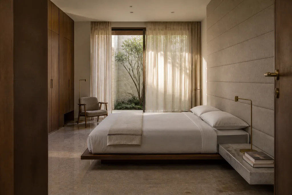 Master bedroom of The Courtyard House concept — a low walnut platform bed with linen bedding set against a stone wall, a sheer curtain drawn across a full-height window onto greenery, and a brass swing-arm reading light. A ModScale warm contemporary villa design concept, Bengaluru.