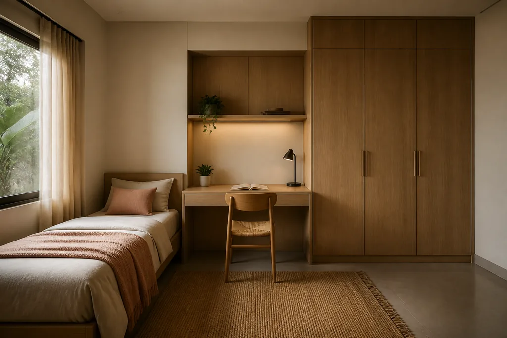Second bedroom of The Courtyard House concept — a single bed beside a study desk built into a full-height timber wardrobe run, with a jute rug, open shelf and task lamp. A ModScale warm contemporary villa design concept, Bengaluru.