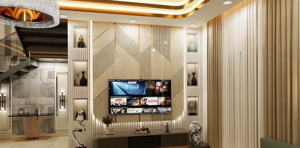 Backlit display joinery frames the television rather than surrounding it.