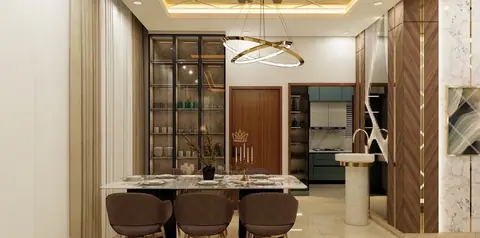 The dining sits between kitchen and living, screened but not separated.