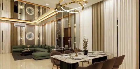 Fluted columns mark the change from living to dining without a door.