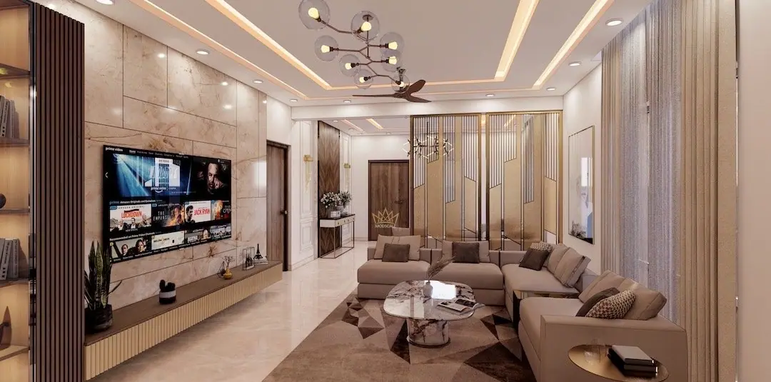 Warm contemporary living room with fluted panelling and grooved marble — ModScale interiors, Bengaluru