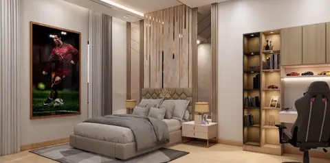A second bedroom takes the identical joinery language in a lighter tone.