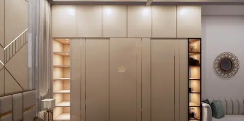 Wardrobe fronts are grooved rather than flat, so they read as wall rather than cupboard.