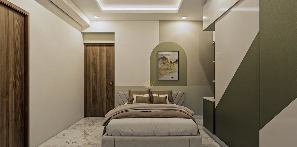 Olive and cream carry the whole bedroom; the only strong tone is on the wardrobe wall.