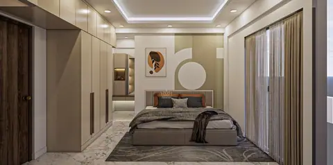 A full wardrobe run down one wall keeps the bedroom floor clear.