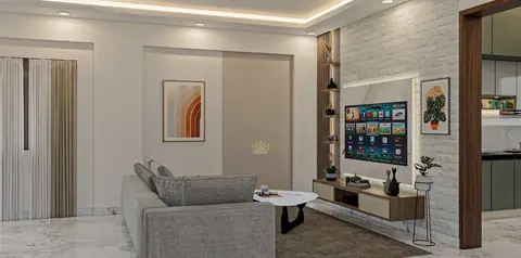 A textured wall panel behind the television replaces what would usually be a gallery of objects.