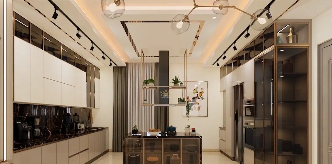 Luxury level island kitchen with marble and brass detailing by ModScale, Bengaluru
