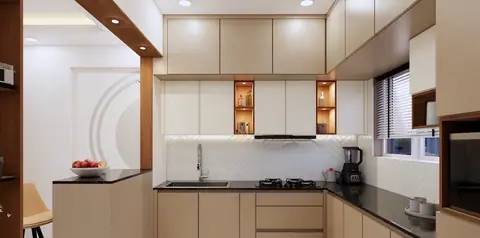 The kitchen sits behind a counter that doubles as the dining edge.