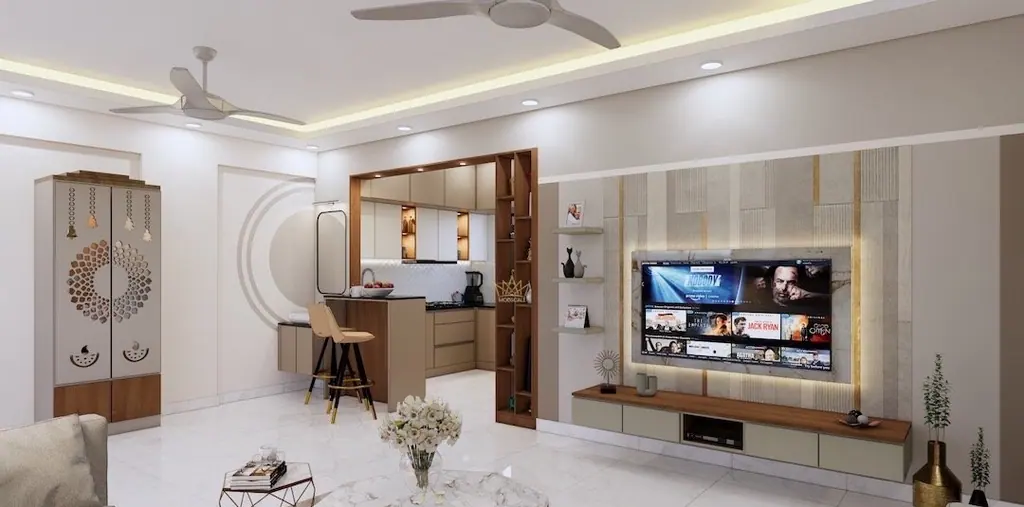 The circular motif beside the seating is the apartment’s signature move.