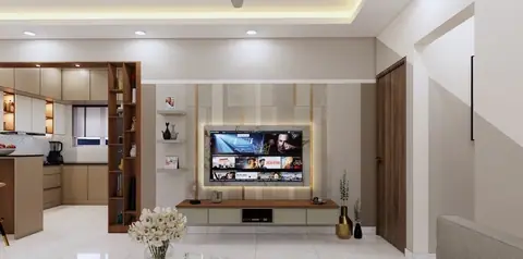 An open timber shelving screen separates the kitchen from the living without closing it.