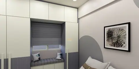 A window seat with storage below, in place of loose furniture.