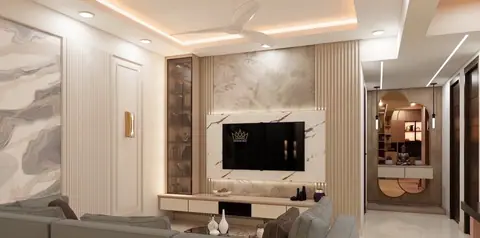 A book-matched stone panel behind the television is the room’s single pattern.