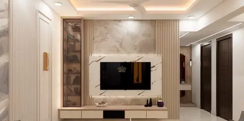 Fluted panelling in the passage carries the palette between rooms.