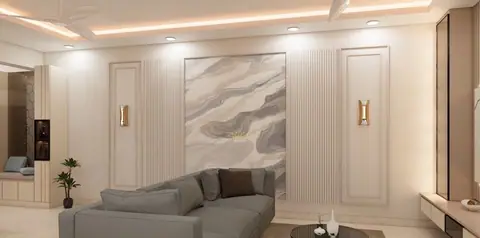 Seating is kept low so the ceiling height reads generously.
