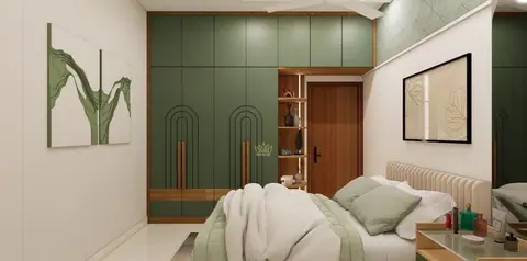 A second bedroom moves to sage and timber, keeping the same arched headboard.