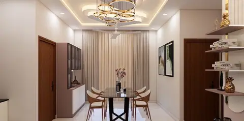 The dining is given its own ceiling and a sculptural ring light, in a room only as wide as it needs to be.