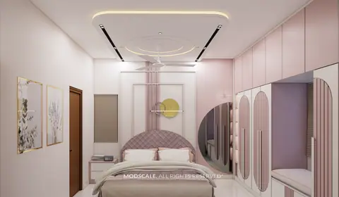 The same arch returns behind the bed, at a different scale.