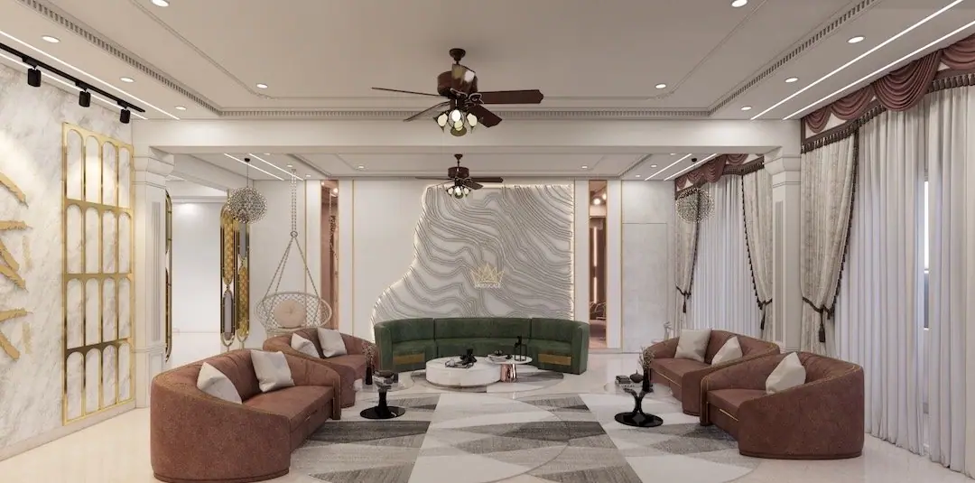 Chandelier-lit formal living room in a Bengaluru villa designed and executed by ModScale