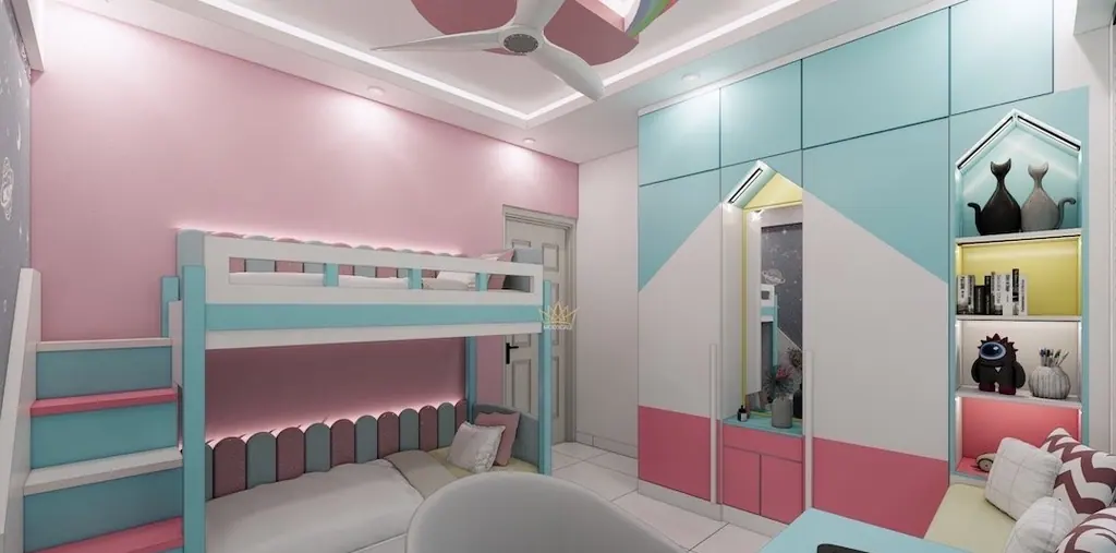 The kids room takes the design seriously: bunk beds, a study wall and colour that will still work in five years.
