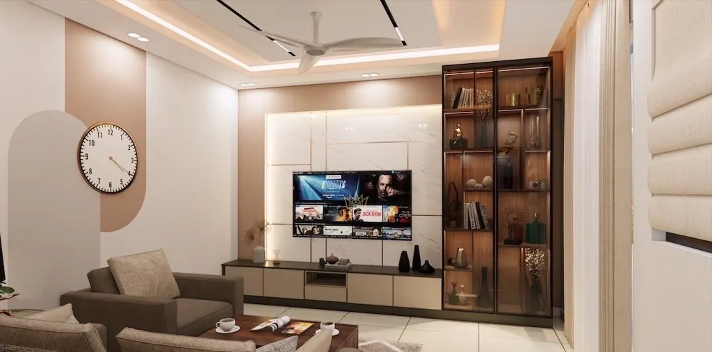 A media wall with an open display cabinet beside it, so the living room keeps its books in view.