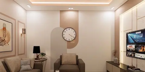 A circular motif and warm wood tie the living room back to the rest of the home.