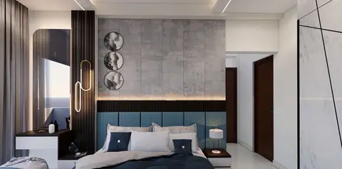 The master bedroom repeats the teal headboard against a stone-textured wall.