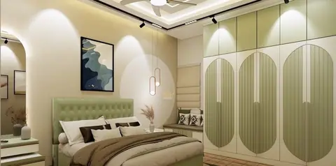 A dressing mirror set into the same panelled run.