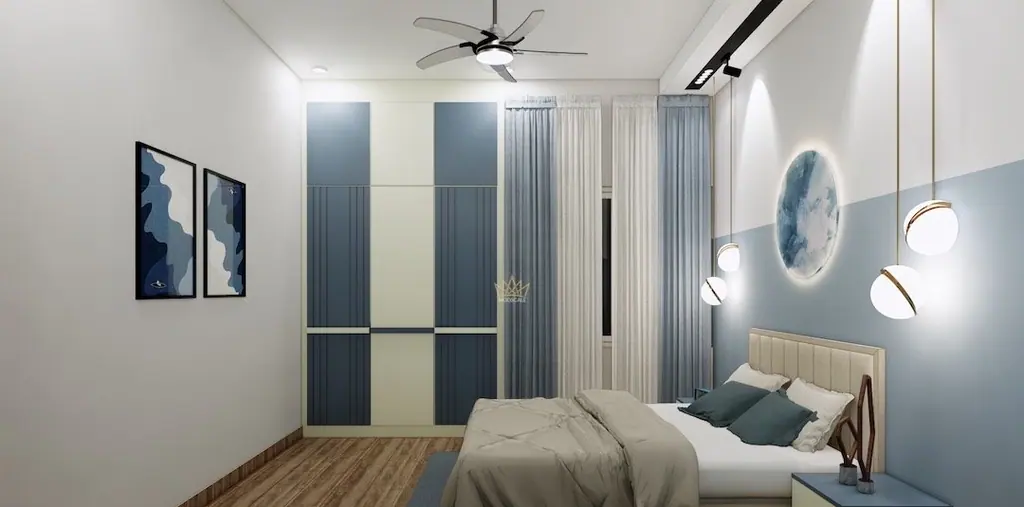 The second bedroom shifts to blue, keeping the same forms.